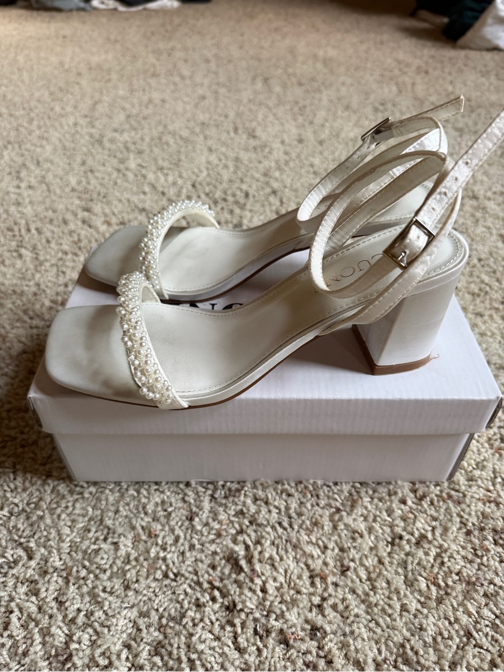 Pearl-Embellished Cream Block Heel Sandals